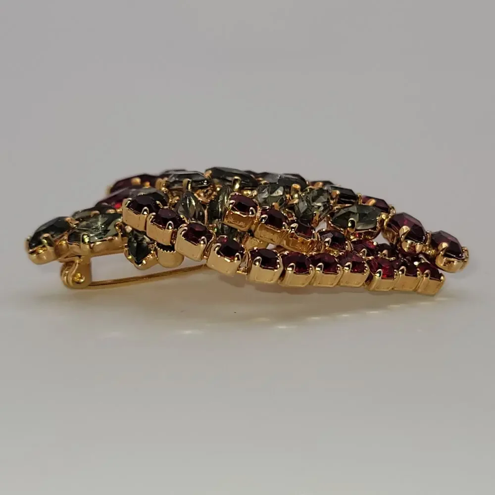 Vintage Gold-tone Red and Green Rhinestone Leaf Shaped Brooch